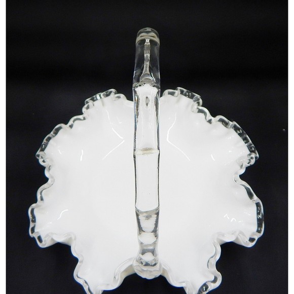 Fenton Silver Crest Milk Glass Basket Ruffled Handle White Clear - Picture 7 of 10
